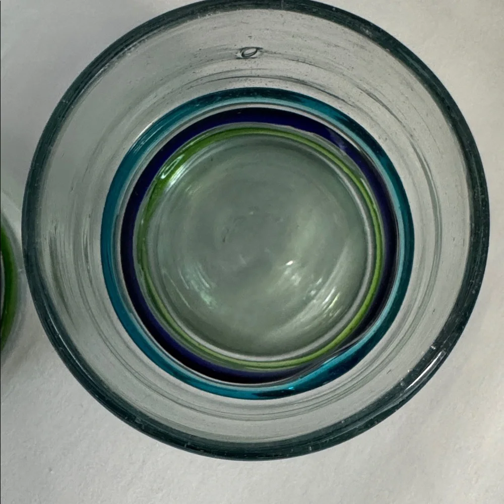 MEXICO HANDBLOWN TUMBLER GLASSES 2 SET STRIPES Cobalt Aqua Green Barware 12 oz